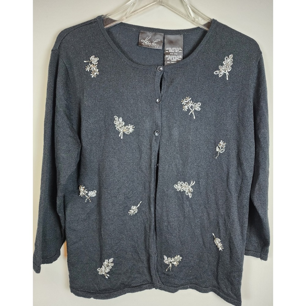 Kathie Lee Collection Black‎ Embellished Cardigan Womens L Effortless Elegance